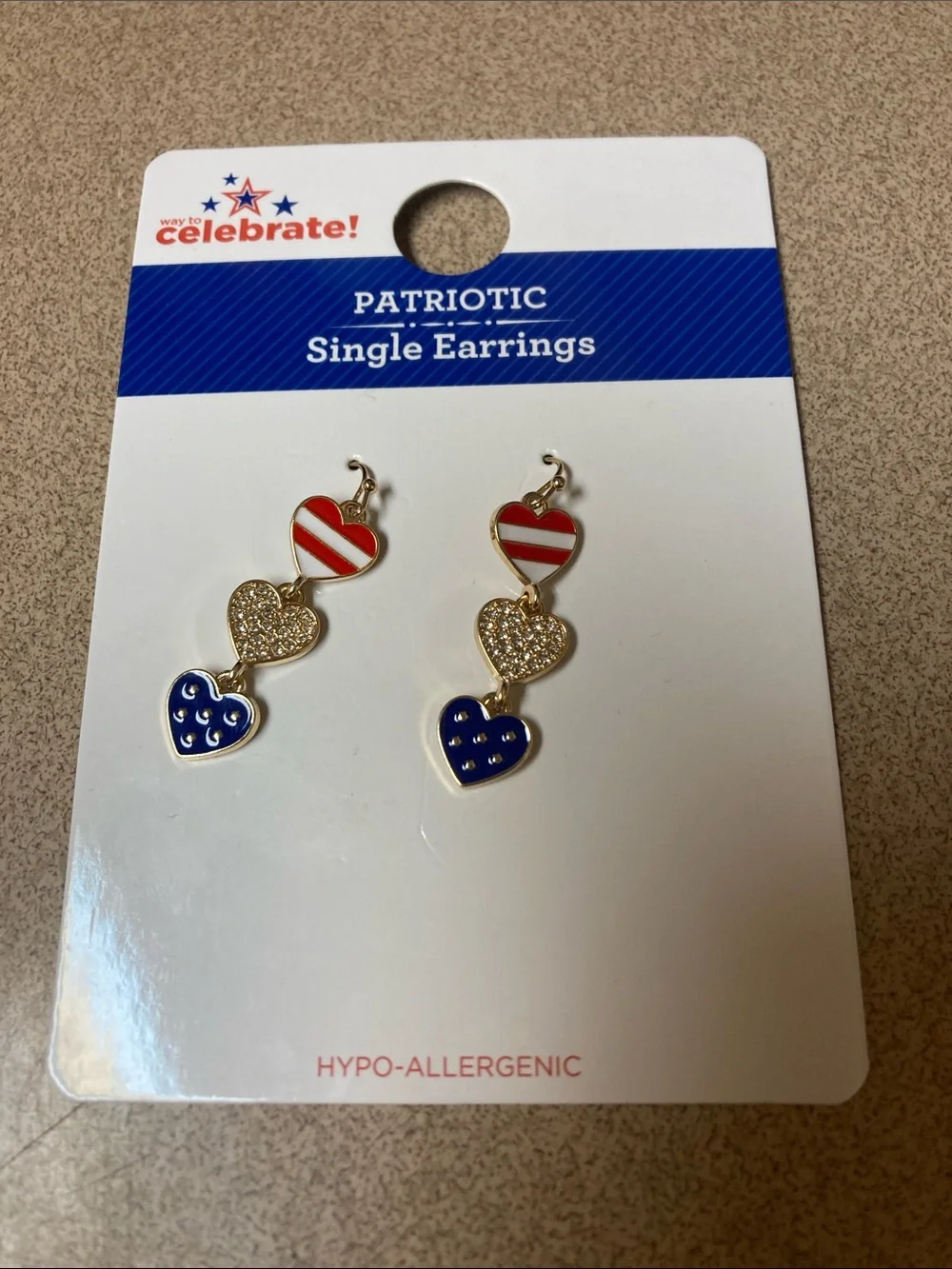 Patriotic Heart Dangle Earrings - Red, White & Blue